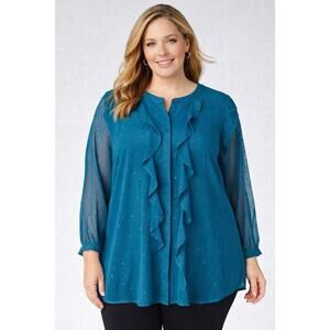 Isaac Mizrahi Live Teal Ruffle Blouse 26W Sheer Swiss Dot Tunic Top Elegant